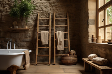 Connect with nature's elements in this earth-toned bathroom, featuring rugged stone walls and a rustic wooden ladder for towels