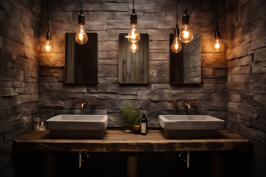 Raw beauty is celebrated in this rustic-themed bathroom, featuring a stone basin and ambient lighting from Edison bulbs