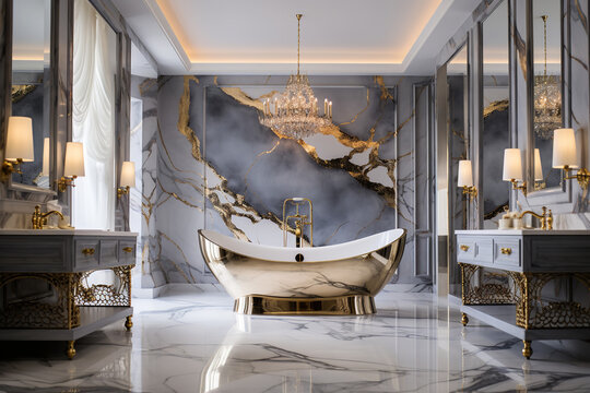 A pristine marble bathroom displays a lavish bathtub, complemented by gleaming gold fixtures, encapsulating opulence and relaxation
