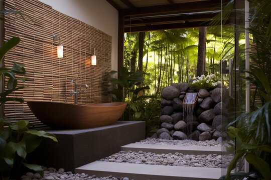 Serenity envelops this Zen-style bathroom, featuring a calming rock garden and natural bamboo dividers for added tranquility