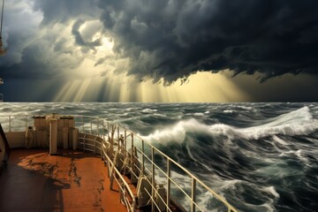 Cargo ship in stormy sea. Huge waves under blue sky in the Ocean.