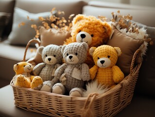 An assortment of soft toys and baby furniture in a basket with white basket,