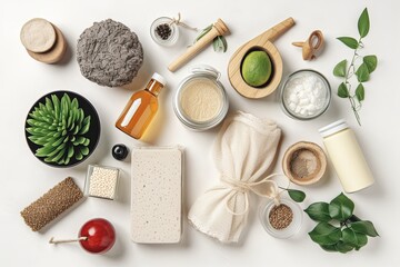 Zero waste lifestyle concept. Eco-friendly products, flat lay, Generative AI