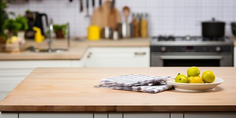 Empty wooden kitchen table close up. Display surface.