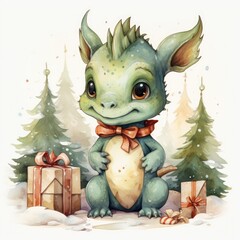 Cute baby dragon with christmas gifts. Watercolor illustration.