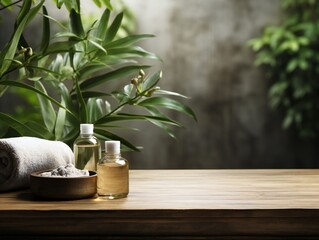 Empty wooden light spa table close up. Table with spa accessories. Massage oil, body salt, towel....