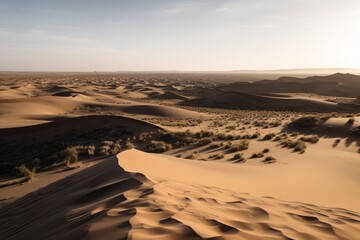 A serene desert landscape with rolling sand dunes and scattered trees