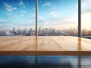 The surface of an empty wooden table against the background of a panoramic window overlooking the city. Modern minimalist interior. Table/podium for demonstration.