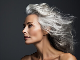 Beautiful and confident older Caucasian woman with grey long hair. Concept of natural and positive ageing. Not afraid of the future. 