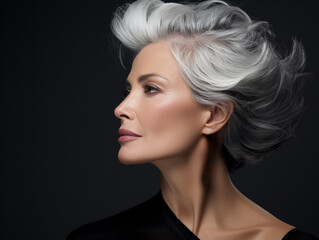 Beautiful and confident older Caucasian woman with grey long bob hairstyle. Concept of natural and positive ageing. Not afraid of the future. 
