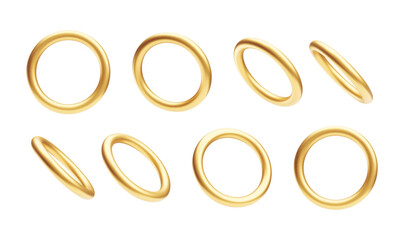 3d falling golden rings, shiny jewelry accessories set. Round shaped shiny metallic objects, decorative design elements realistic vector illustration on white background