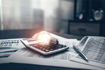 light bulb represents business good idea on calculator and  financial, budget or asset document in...