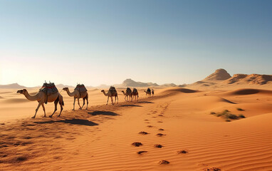 Fototapeta na wymiar 5 Magnificent Camels Gracefully Striding Through The Arid Desert Landscape AI Generative