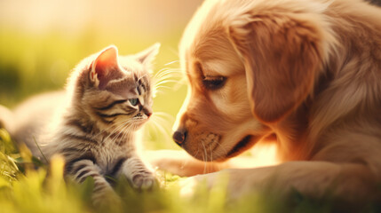 Cute dog and cat playing together at home