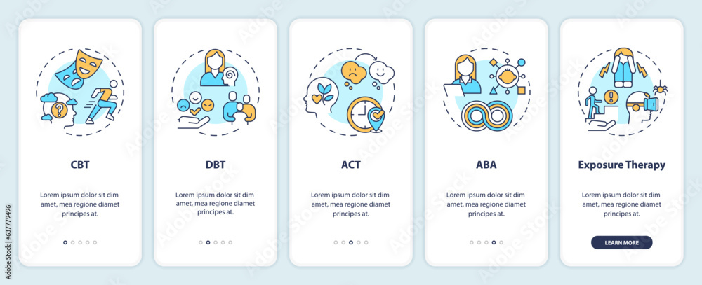 Poster 2d icons representing behavioral therapy mobile app screen set. walkthrough 5 steps multicolor graph