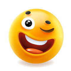 Vector illustration of happy fun yellow color smile emoticon with open mouth and wink eye. 3d style design of funny laugh emoji