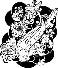 Hand drawn Koi carp on white background for auspiciousness of Chinese new year.Gold fish for festival on backdrops.Beautiful line art of koi fish.
