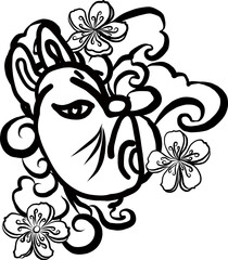 Japanese Golden demon mask.Design illustration for printing on t-shirt and sticker.Japan tattoo vector style.Hand drawn mask sakura and peony flower on background.