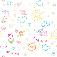 Child pattern with flowers and butterflies. Baby hand drawn design for textile, posters, cards. Baby animals pattern. Fabric baby design. Vector illustration with cute animals. Seamless pattern