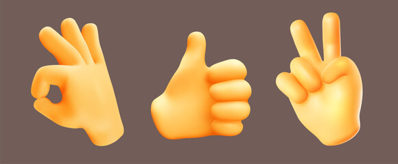 Vector illustration of group male hand gesture sign ok, thumb up and sign v with finger on dark color background. 3d mesh style emoji design of set of different man hand gesture