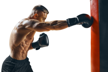 Mae shirtless Boxer or MMA fighter training, fight. Isolated PNG photo