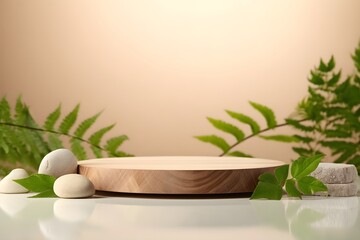 Background for cosmetic products of natural beige color. Wood podium with green leaves and natural stones, Generative AI