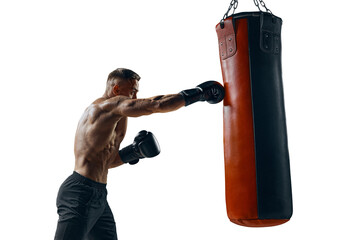 Male boxer punching a big boxing bag. Isolated PNG photo.