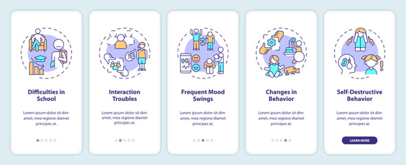 Fototapeta na wymiar 2D icons representing behavioral therapy mobile app screen set. Walkthrough 5 steps colorful graphic instructions with line icons concept, UI, UX, GUI template.