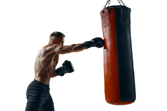 Male boxer punching a big boxing bag. Isolated PNG photo.