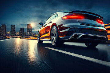 Obraz premium Dynamic Drive: Rear View of Blue Business Car Speeding Through a High-Speed Turn on the Highway. created with Generative AI