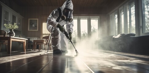 A guy from the pest control service in a mask and a white protective suit sprays poisonous gas.