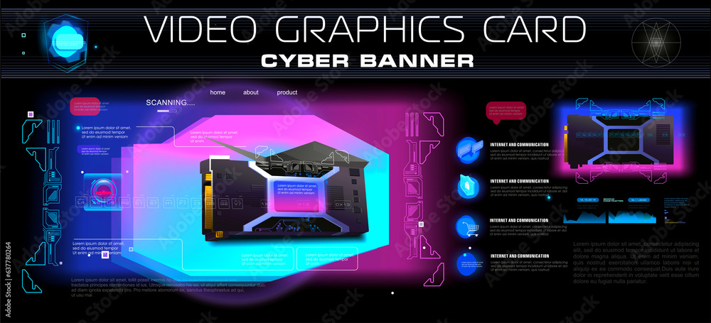 Poster realistic video card for computer on futuristic background. cyberbanner with graphic digital model o