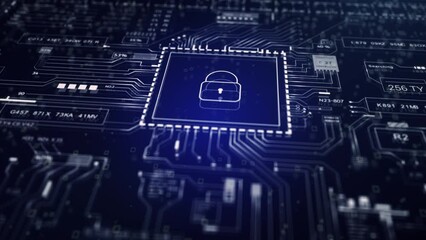 Motherboard Lock cyber security. Technological UI HUD stealing data, access and programming code hacking and protection. Sci Fi futuristic animation. Network data computing concept.Blue - Powered by Adobe