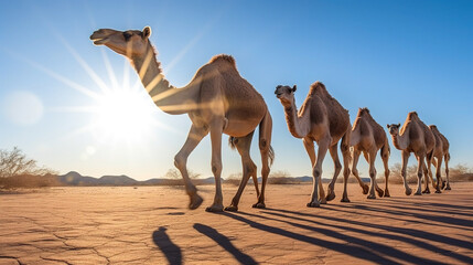 5 Magnificent Camels Gracefully Striding Through The Arid Desert Landscape AI Generative