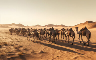 Fototapeta na wymiar Vast Desert Harsh Environment Group of Camels Are Walking Hard Landscape AI Generative