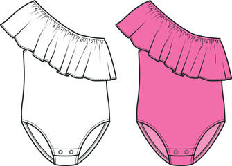 Swimsuit for Girls. Swimwear fashion flat Sketch vector illustration, Ruffle detail Pink Swimsuit
