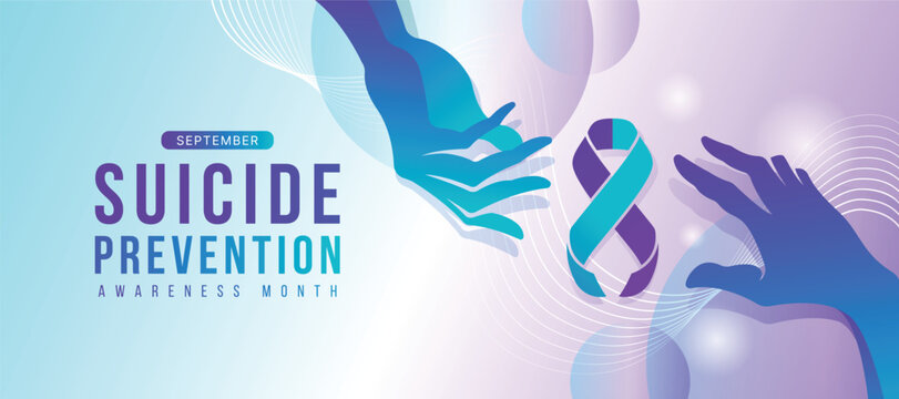 September Suicide prevention awareness month - Teal purple hand to hand with care and connection to give hope on abstract lines blend curve and light around vector design