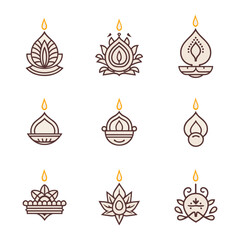 Diwali Diya icon sets on plain background. Single line art.