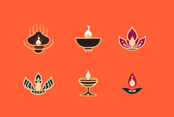 Diwali Diya icon sets on plain background. Single line art.