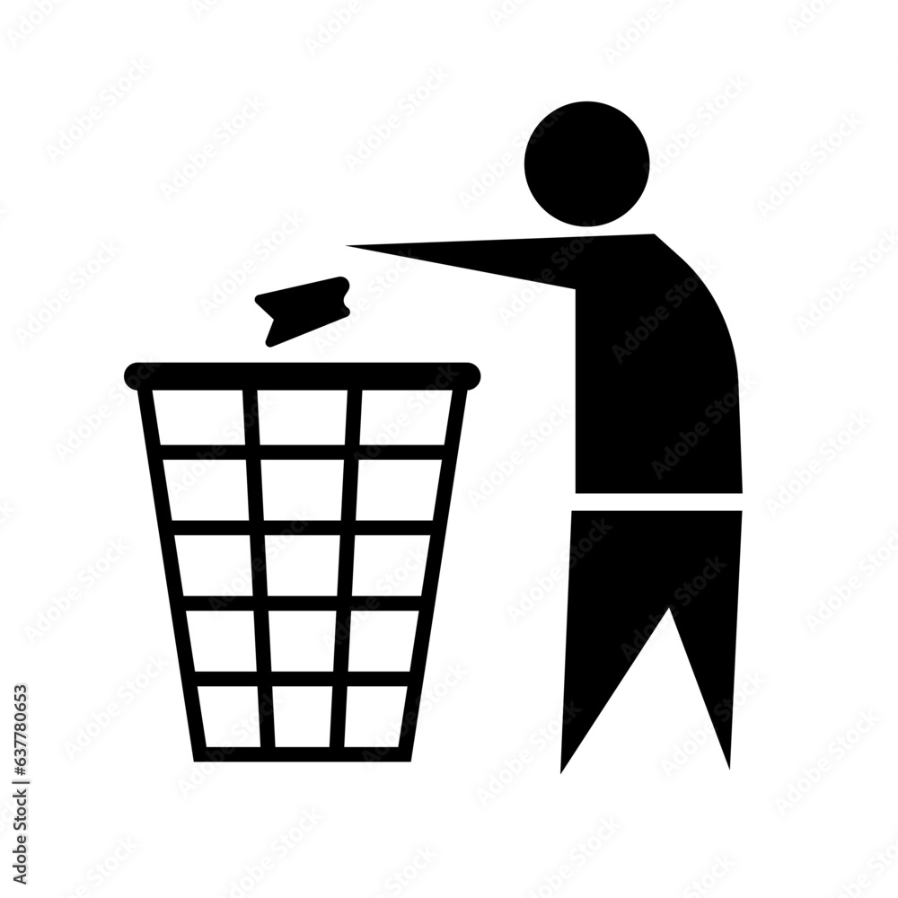 Poster person throwing garbage in trash can icon. vector.