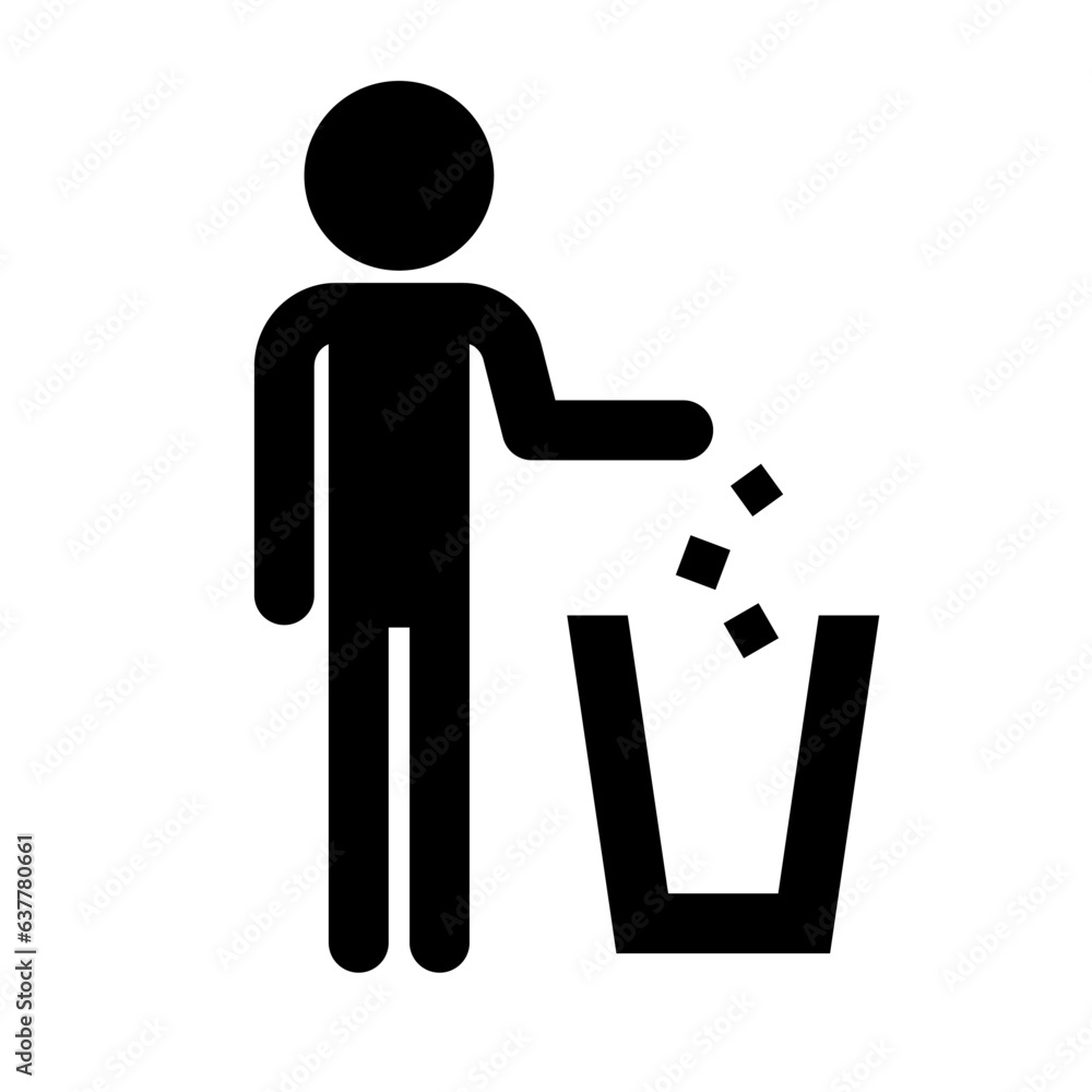 Poster flat design person throwing trash in trash can icon. vector.