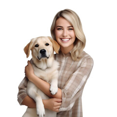 Portrait of a smiling happy young professional American women holding a Labrador Retriever dog isolated on white background as transparent PNG woman with dog