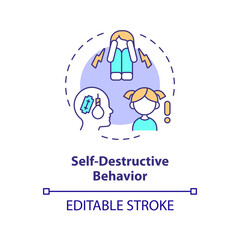 2D editable self destructive behavior thin line icon concept, isolated vector, multicolor illustration representing behavioral therapy.