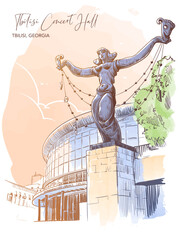 Statue of Melpomene in front of The Tbilisi Concert Hall building. Tbilisi, Georgia. Line drawing watercolour painted and isolated on white background. EPS10 vector illustration
