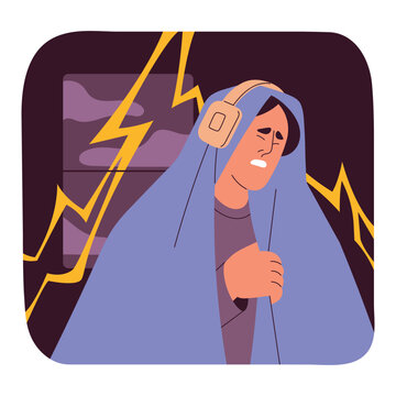 Brontophobia, phobia of thunderstorm concept. Scared person hid under blanket with headphones from lightning, thunder. Irrational suffer, psychology of fear, mental disorders. Flat vector illustration