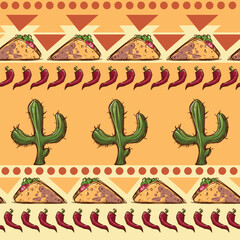 Mexican ornament with sketch style hand drawn cactuses, jalapeno and tacos. Mexican color palette. Seamless pattern. EPS10 vector illustration