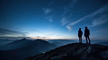 Fototapeta na wymiar Silhouette of Travelers Standing on Top of the Mountain, Couple Observing the Stars in Night Sky, Young People Hiking Adventure. Generative Ai