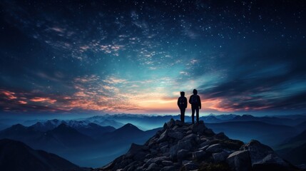 Silhouette of Travelers Standing on Top of the Mountain, Couple Observing the Stars in Night Sky, Young People Hiking Adventure. Generative Ai - obrazy, fototapety, plakaty