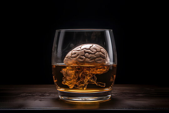 The human brain in a glass of alcohol is on the table. Bad effects of alcohol on the brain and health.
