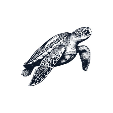 Sea Turtle Hand Drawn Engraving Style Underwater Animal Vector Illustration